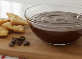Sanguinaccio dolce napoletano cremoso servito in una ciotola di vetro con chiacchiere croccanti e scaglie di cioccolato fondente su un tagliere di legno