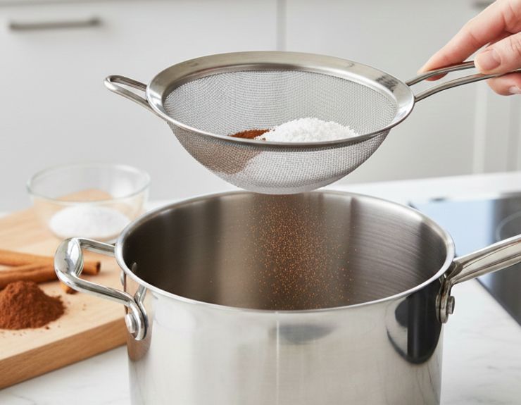 Iniziate setacciando con cura il cacao, la cannella e l’amido in una pentola, unite poi lo zucchero e mescolate le polveri a secco. Versate il latte a filo, mescolando velocemente con una frusta per evitare ogni minimo grumo.&nbsp;