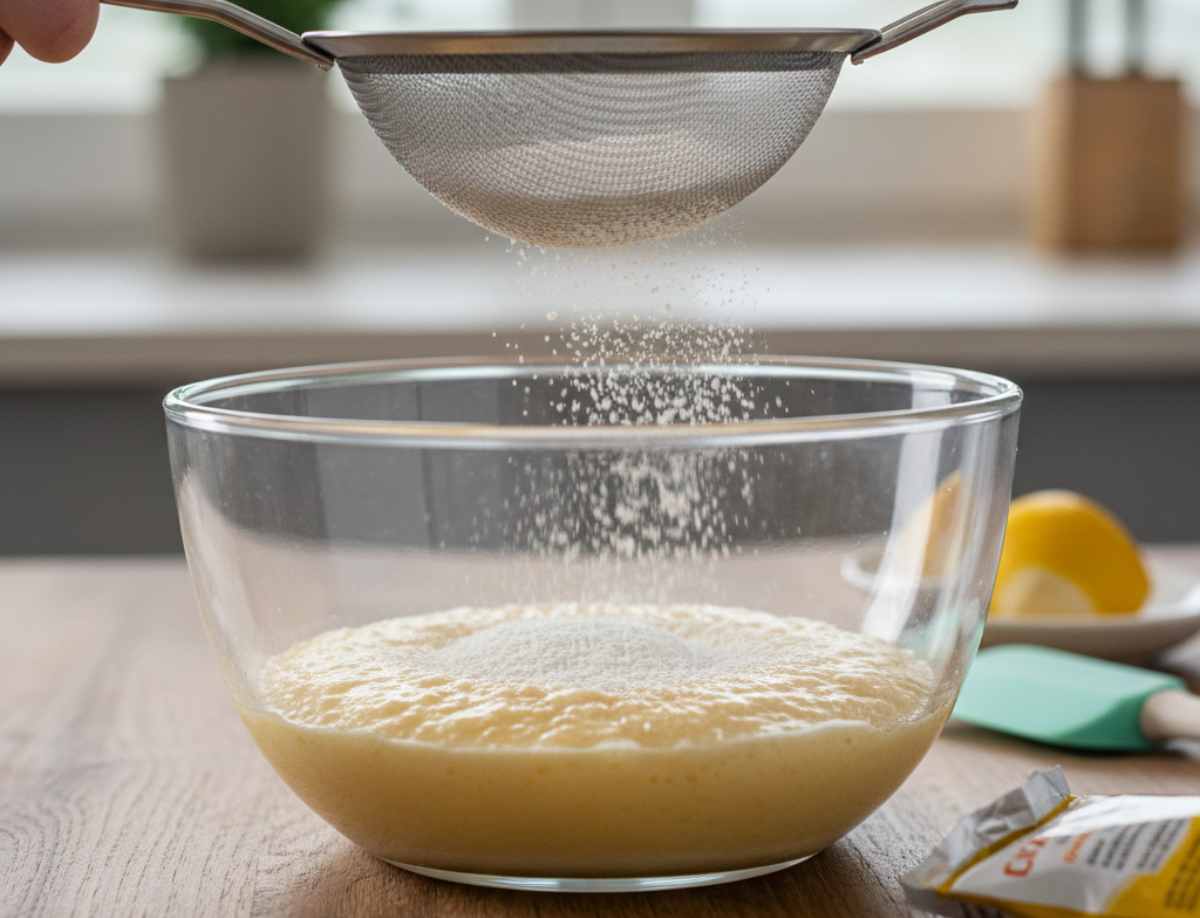 Unite la farina, la fecola ed il lievito setacciandoli direttamente nella ciotola: amalgamate con una spatola con movimenti dal basso verso l’alto. Quindi imburrate ed infarinate uno stampo da ciambella del diametro di circa 24/26 centimetri e versate circa metà dell’impasto sul fondo.