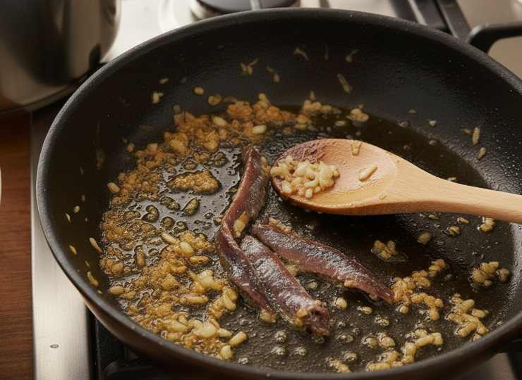 Pulite il cavolfiore, dividetelo in cimette e lessatelo finché risulterà tenero, conservando l’acqua di cottura. Soffriggete la cipolla in un tegame con olio extra vergine d’oliva, aggiungete le acciughe e fatele sciogliere a fuoco dolce.&nbsp;