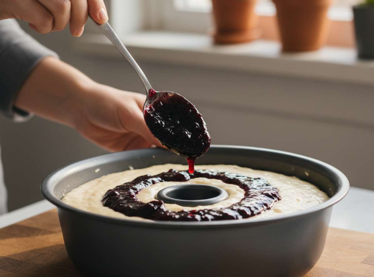 Distribuite la marmellata a cucchiaiate sopra l’impasto, cercando di restare al centro e non toccare i bordi dello stampo (questo eviterà che la marmellata bruci o si attacchi alle pareti). Coprite con il resto dell’impasto e cuocete in forno statico preriscaldato a 180 gradi per circa 40/45 minuti.