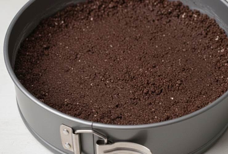 Spostiamo il composto di biscotti uno stampo per dolci a cerniera e uniamo poco alla volta il burro fuso, iniziando ad impastare. Otterremo un panetto appiccicoso che dovremo modellare sul fondo dello stampo e lungo i bordi. Mettiamo lo stampo in frigo per una decina di minuti;