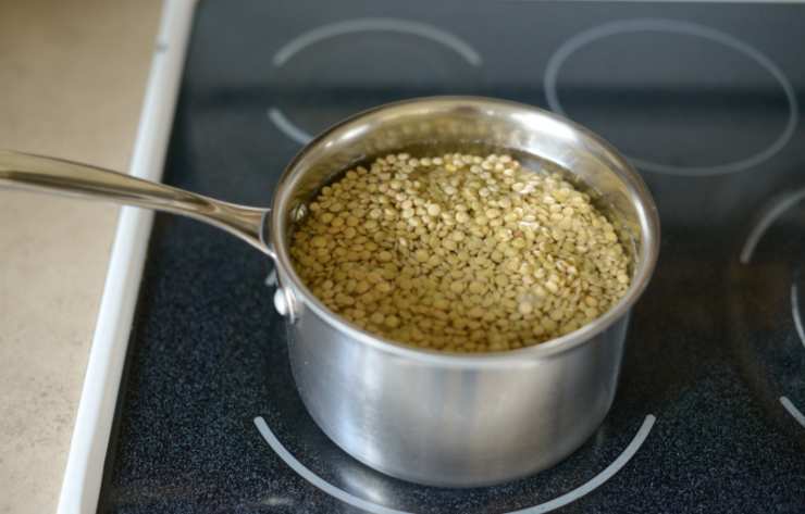 Accorpiamo le lenticchie scolate e lasciamo soffriggere un paio di minuti. Ricopriamo con due coppini di acqua, mettiamo il coperchio sulla padella e lasciamo cuocere fino a quando le lenticchie non si saranno sfaldate, rimescolando e aggiungendo acqua all’occorrenza;