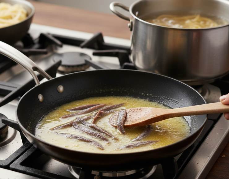 Se l’acqua bolle, versate il formato scelto e mentre la pasta cuoce, sciogliete il burro in una padella ampia. Aggiungete le acciughe e schiacciatele con un cucchiaio di legno finché si saranno completamente sciolte. Scolate la pasta due minuti prima del termine senza buttare tutta l’acqua di cottura e saltatela nel burro.