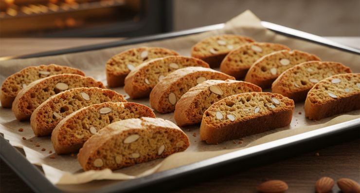 Sfornate e lasciate intiepidire per 5 minuti (non di più, altrimenti si rompono al taglio). Con un coltello seghettato, tagliate i filoncini in diagonale per creare i classici cantucci (spessi circa 1,5 cm). Disponete i biscotti nuovamente sulla teglia, appoggiandoli sul lato del taglio e infornate di nuovo a 170 gradi per altri 10/15 minuti (circa 5/7 minuti per lato) finché non saranno ben tostati. Estraeteli e fateli raffreddare completamente: gustateli!