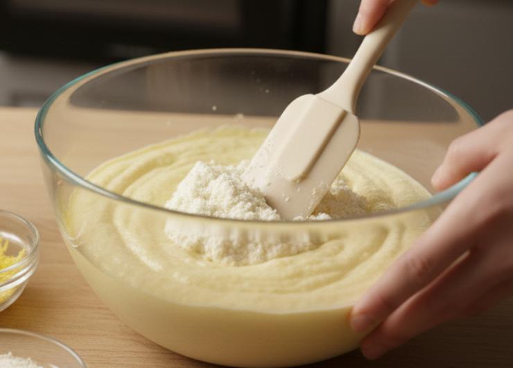 Aggiungete ora la scorza grattugiata di limone e, se desiderate, il liquore che vi piace per dare un tocco in più. Incorporate la ricotta con una spatola, mescolando dall’alto verso il basso per non smontare il composto. Fatto ciò unite la farina di mandorle poco alla volta, sempre con movimenti delicati dal basso verso l’alto.
