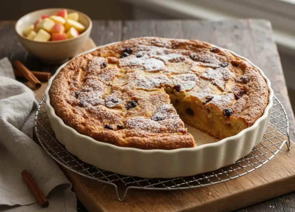 Torta di pane e mele rustica appena sfornata, dorata e caramellata in teglia
