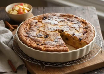 Torta di pane e mele rustica appena sfornata, dorata e caramellata in teglia