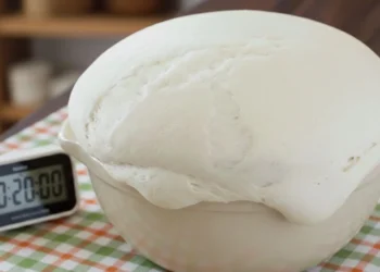 impasto pizza lievitato velocemente nella ciotola con timer digitale