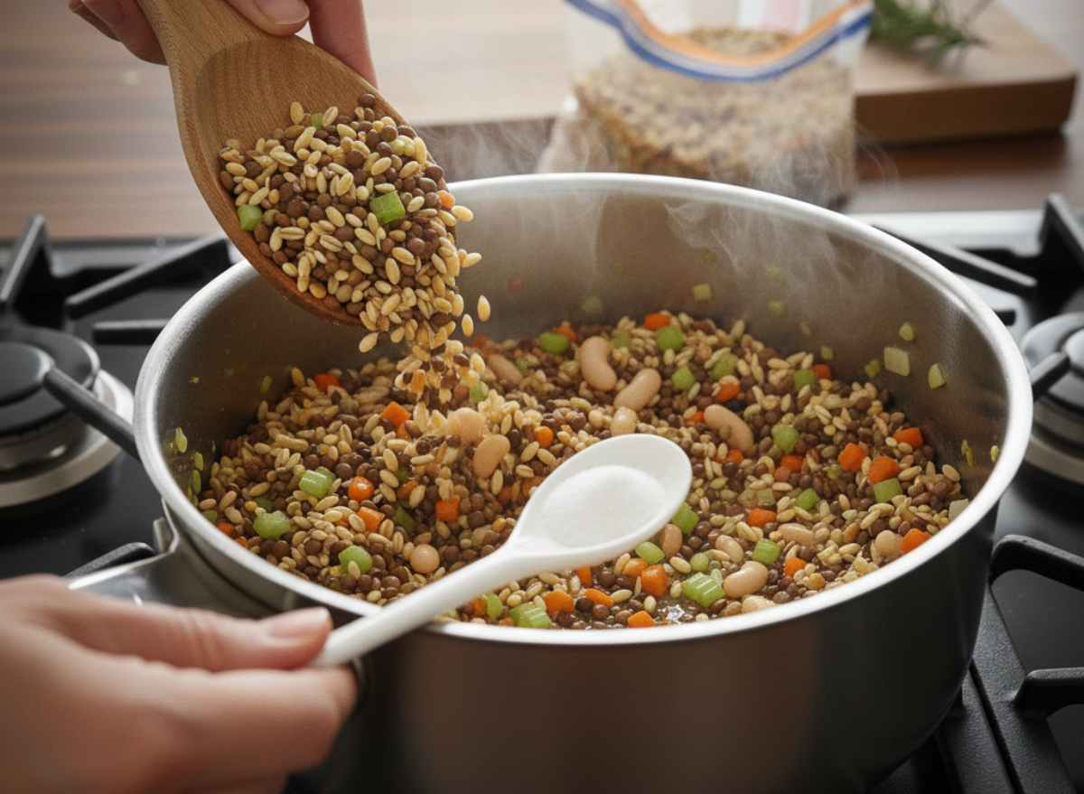 Unite ora il mix di legumi e farro e mescolate bene con le verdure. E’ il momento di aggiungere il cucchiaino raso di bicarbonato di sodio: amalgamate per un minuto. Questo passaggio è cruciale perché il bicarbonato ammorbidirà i legumi ed il farro, riducendo drasticamente i tempi di cottura e rendendo la zuppa più digeribile.