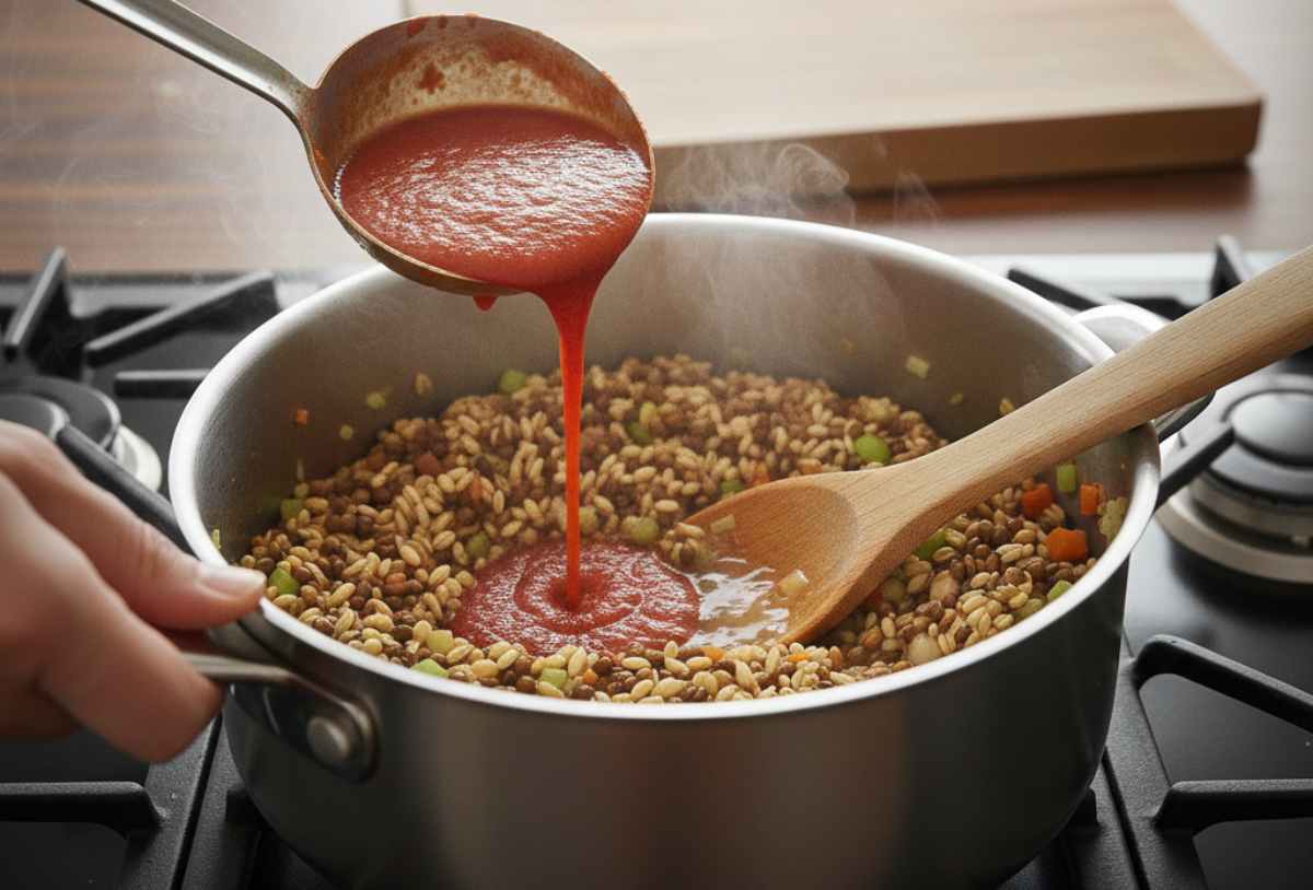 Versate a questo punto la passata di pomodoro ed il brodo vegetale caldo: portate a bollore, poi abbassate la fiamma, coprite e lasciate bollire per 10/15 minuti. Controllate la cottura dei legumi e del farro: dovranno essere teneri, ma senza sfaldarsi.