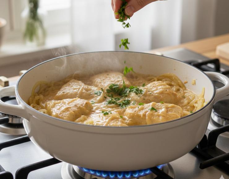 Fate cuocere a fuoco bassissimo per 40/45 minuti: ogni tanto scuotete leggermente la casseruola per amalgamare, senza girare utilizzando mestoli. Al termine della cottura rimuovete con attenzione il foglio di carta da forno e servite subito, caldo e tenerissimo!