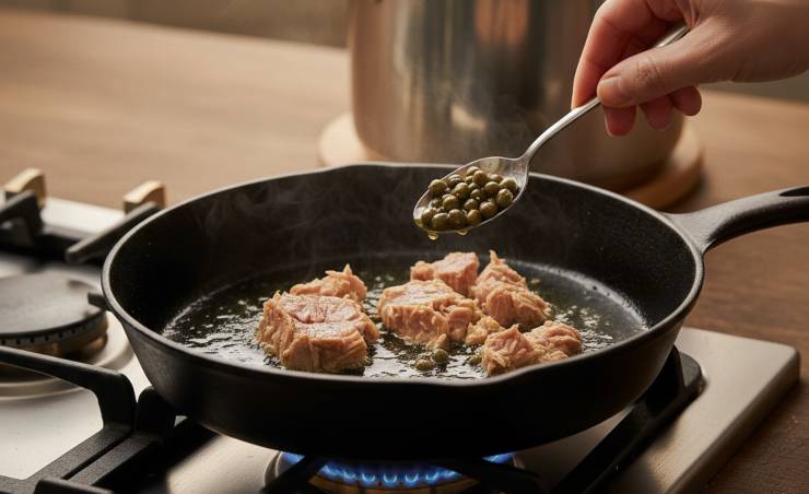 Aggiungete i capperi dissalati ed il tonno ben sgocciolato: lasciate insaporire a fiamma bassissima per pochi minuti, il tonno deve solo scaldarsi ed assorbire i profumi. Giunta a bollore l’acqua per la pasta, versate il formato scelto.