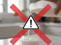 Una mano versa latte da una bottiglia bianca in un bicchiere di vetro, con un grande segnale di pericolo giallo sovrapposto per indicare un richiamo alimentare