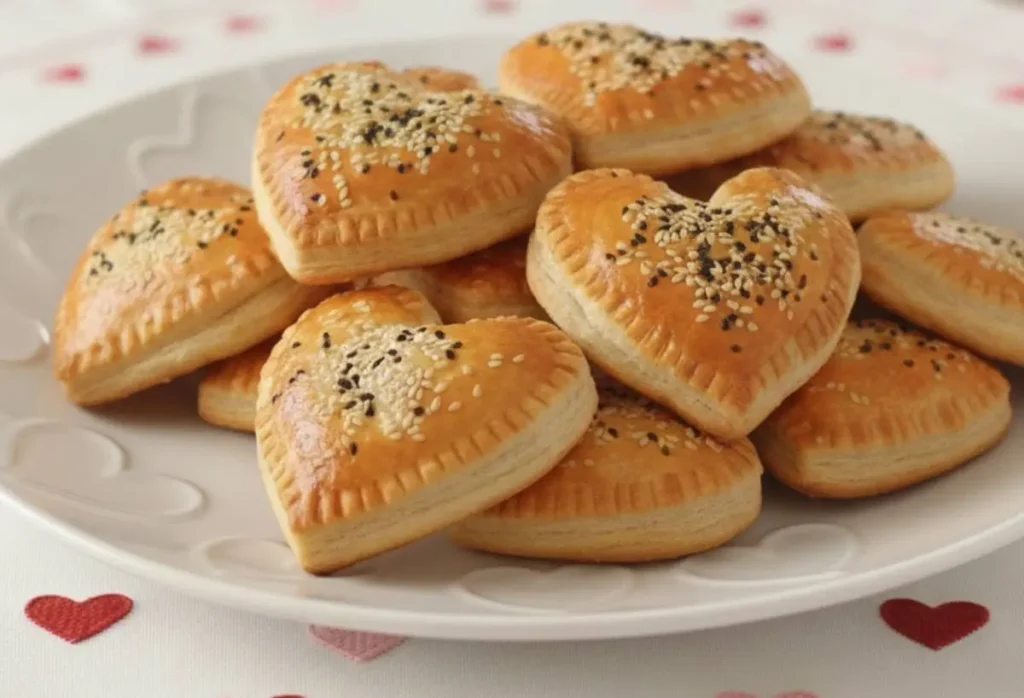 antipasto-san-valentino-cuori-sfoglia-ripieni Vassoio di cuori di pasta sfoglia dorati con semi di sesamo bianchi e neri, serviti su un piatto di porcellana con decori a cuore e tovaglia ricamata per San Valentino.