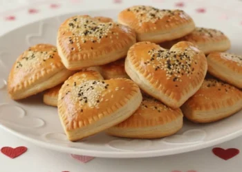 Vassoio di cuori di pasta sfoglia dorati con semi di sesamo bianchi e neri, serviti su un piatto di porcellana con decori a cuore e tovaglia ricamata per San Valentino.