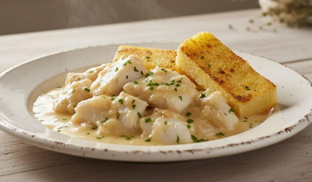 Piatto di baccalà alla vicentina cremoso con polenta grigliata, guarnito con prezzemolo fresco, in un'ambientazione rustica e luminosa.