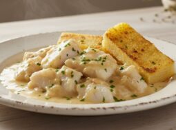 Piatto di baccalà alla vicentina cremoso con polenta grigliata, guarnito con prezzemolo fresco, in un'ambientazione rustica e luminosa.