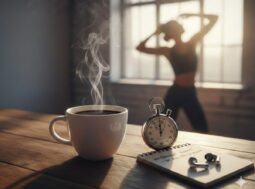 Infografica e lifestyle: donna che corre con caffè e analisi dei benefici della caffeina sul metabolismo e termogenesi