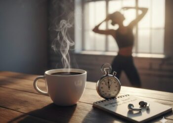 Infografica e lifestyle: donna che corre con caffè e analisi dei benefici della caffeina sul metabolismo e termogenesi