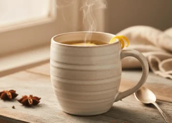 Bevanda detox zenzero e finocchio in bicchiere di vetro con vapore, rimedio naturale sgonfia pancia