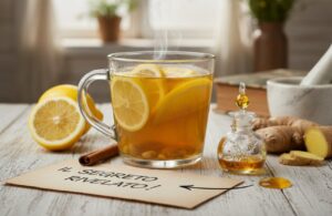 Tazza di tisana al limone bollito e zenzero su tavolo shabby chic con biglietto scritto a mano che rivela un segreto per sgonfiare la pancia.