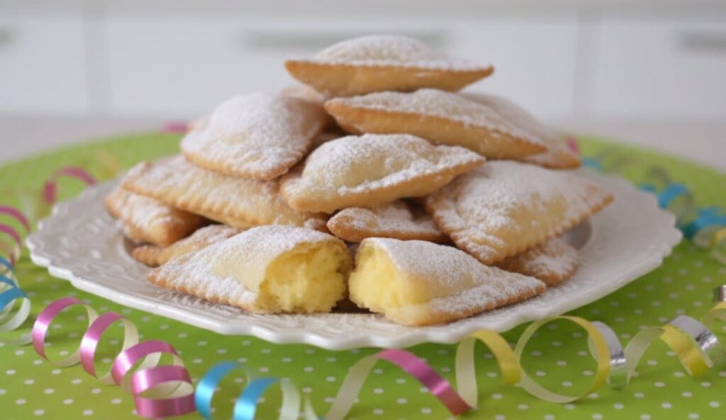 Un vassoio di porcellana bianca colmo di bugie di Carnevale ripiene di crema pasticcera, con due bugie aperte in primo piano che mostrano il ripieno vellutato, su una tovaglia verde a pois bianchi con stelle filanti.