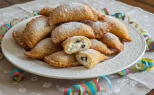 Vassoio bianco con cassatelle siciliane di Carnevale fritte, dorate e cosparse di zucchero a velo su tovaglia beige ricamata con stelle filanti colorate.