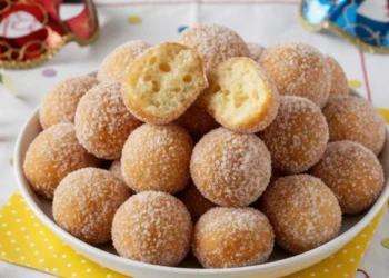 Castagnole allo yogurt sofficissime senza burro aperte a metà per mostrare la mollica alveolata e morbida su vassoio di Carnevale