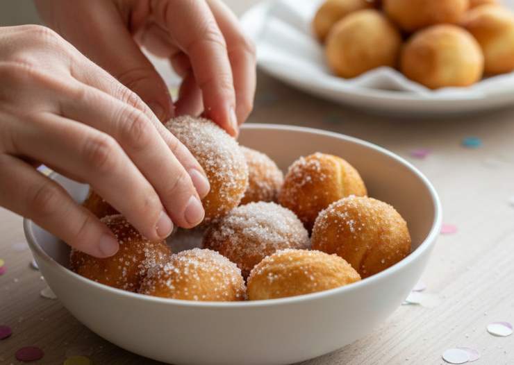 Giratele finché non saranno dorate uniformemente e scolatele su carta assorbente. Quando sono ancora calde, rotolatele nello zucchero semolato e gustatele subito, in tutta la loro incredibile golosità!