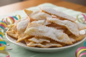 chiacchiere di carnevale in friggitrice ad aria dorate e bollose su vassoio bianco e tovaglia verde con cuoricini
