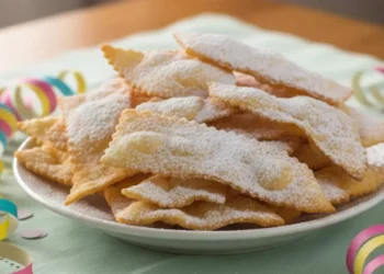 chiacchiere di carnevale in friggitrice ad aria dorate e bollose su vassoio bianco e tovaglia verde con cuoricini