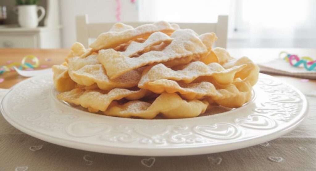 Gran vassoio di chiacchiere senza glutine dorate e piene di bolle su un tavolo decorato per Carnevale