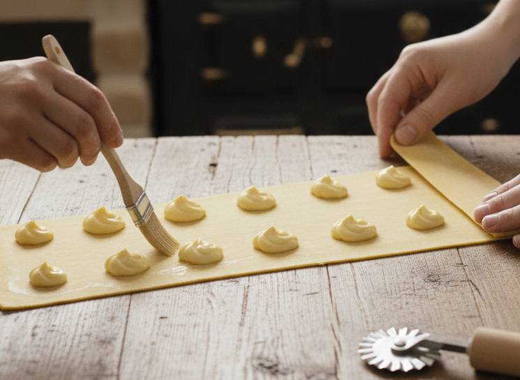 Disponete dei mucchietti di crema fredda su una striscia di pasta, distanziandoli bene, spennellate leggermente i bordi attorno alla crema con l’albume d’uovo (non usare acqua!) e coprite con una seconda sfoglia. Premete bene con le dita attorno alla crema per far uscire tutta l’aria (se resta aria, la bugia scoppia), poi ritagliate i rettangoli con una rotella dentellata o liscia.