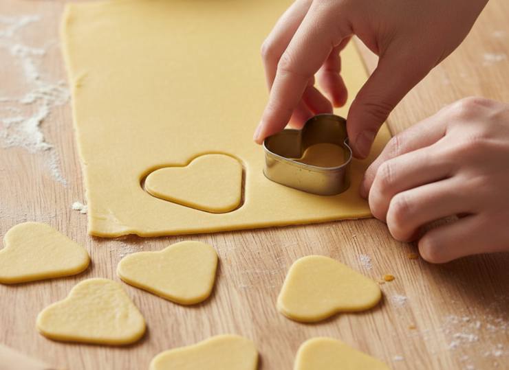 Fatto ciò preparate i cuoricini: stendete la sfoglia e, con un taglia biscotti a forma di cuore, ricavate le sagome. Disponete un cucchiaino scarso di ripieno al centro di metà dei cuori. Attenzione: tenete i ripieni separati per file così saprete cosa c’è dentro! Spennellate leggermente i bordi con un filo d’acqua e coprite con un altro cuore di sfoglia: sigillate con le dita o con i rebbi di una forchetta, questo eviterà la fuoriuscita del condimento e creerà un bel decoro.