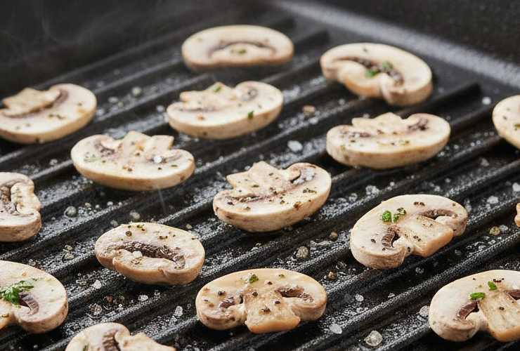 Scaldiamo adesso una piastra o una padella antiaderente oleata leggermente e una volta calda distribuiamo i funghi. Lasciamoli arrostire da entrambi i lati;