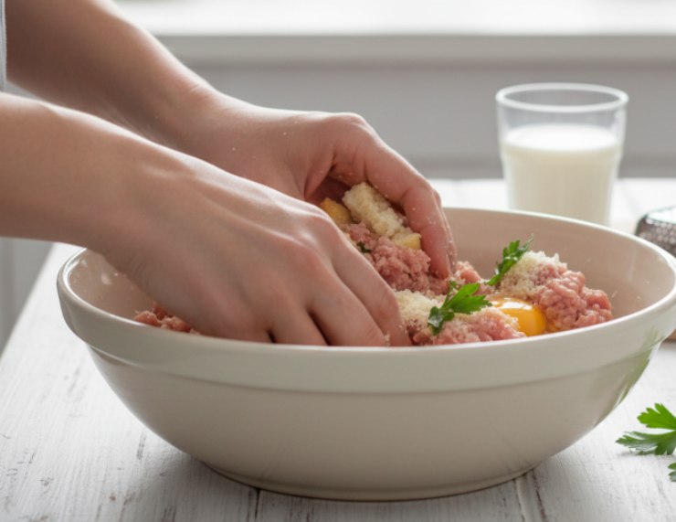 Mettete il pane nel latte e lasciatelo assorbire completamente. Strizzatelo bene: deve essere umido, non bagnato. In una ciotola unite pollo, tacchino, pane ammollato, uovo, parmigiano, prezzemolo, sale, pepe e un pizzico di noce moscata. Mescolate con le mani, delicatamente.