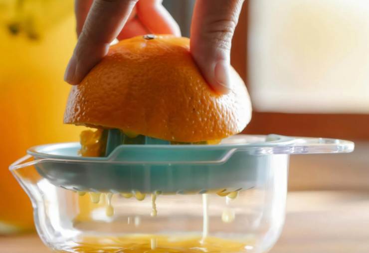 Versiamo a filo l’olio di semi e continuiamo a mescolare, quindi spremiamo gli agrumi, filtriamo il succo e accorpiamo alla crema;