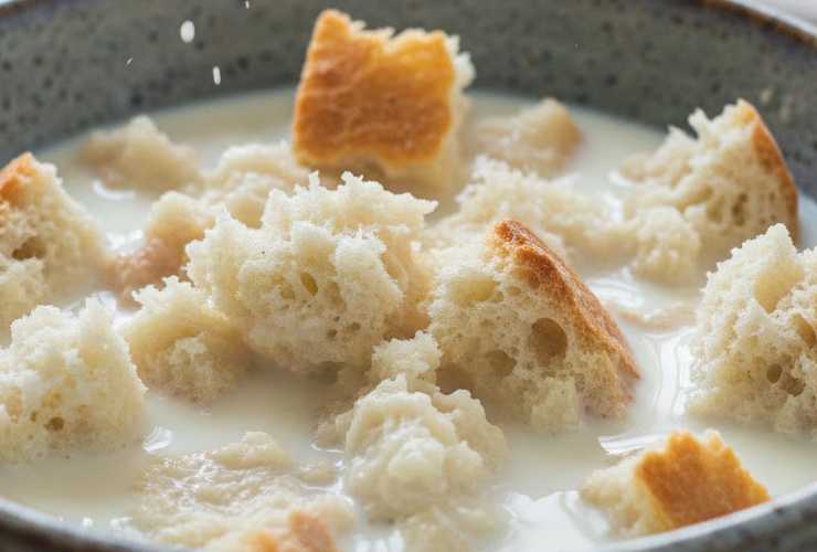 Sminuzziamo il pane duro in una ciotola e versiamo sopra il latte: regoliamoci con le quantità a occhio, dobbiamo coprirlo a pelo. Lasciamo ammollare il pane per qualche minuto;