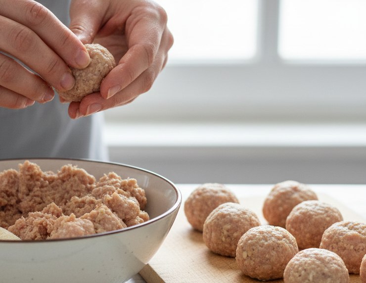 Se l’impasto è troppo morbido, aggiungete pochissimo pangrattato. Deve restare soffice, non compatto. Create polpette di dimensioni simili, senza schiacciarle troppo.