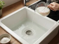 Persona che versa una soluzione naturale di bicarbonato e acqua bollente nello scarico di un lavandino bianco in cucina per sturarlo.