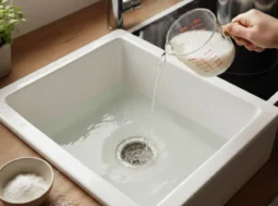 come-sturare-lavandino-metodi-naturali Persona che versa una soluzione naturale di bicarbonato e acqua bollente nello scarico di un lavandino bianco in cucina per sturarlo.