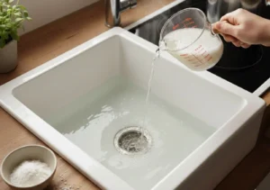 come-sturare-lavandino-metodi-naturali Persona che versa una soluzione naturale di bicarbonato e acqua bollente nello scarico di un lavandino bianco in cucina per sturarlo.