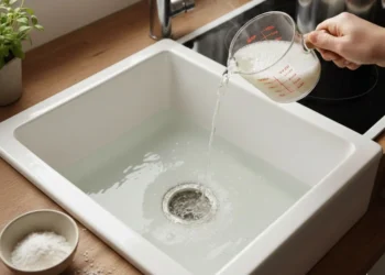 Persona che versa una soluzione naturale di bicarbonato e acqua bollente nello scarico di un lavandino bianco in cucina per sturarlo.