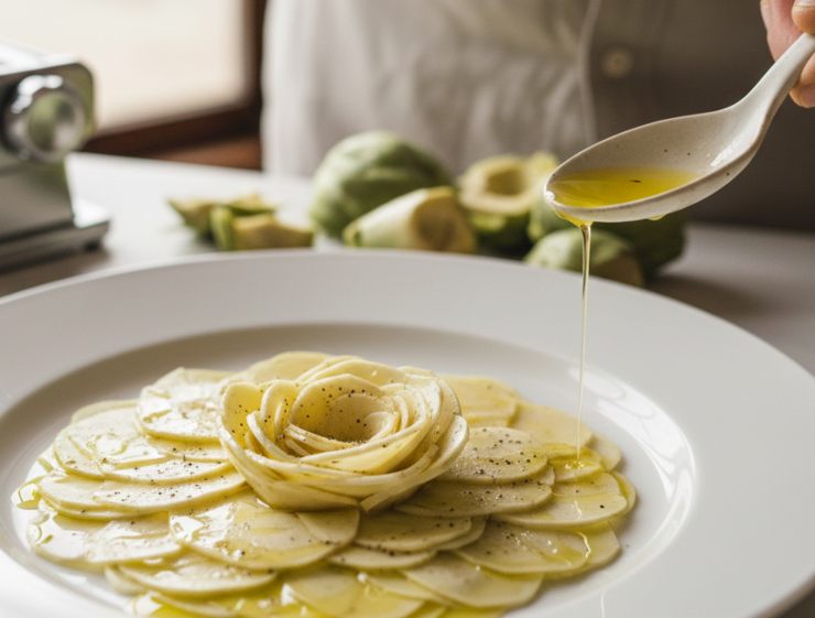 Questo passaggio blocca l’ossidazione e rende le fibre croccanti, potenziando la sensazione di freschezza. Scolate i carciofi ed asciugateli perfettamente, disponeteli su un piatto piano senza sovrapporli troppo. Irrorate con un’emulsione di olio Extra vergine d’oliva e limone, quindi completate con una macinata generosa di pepe nero.