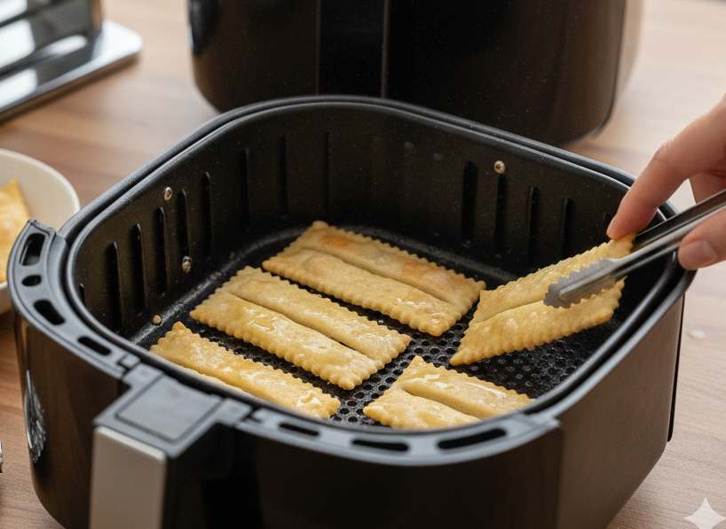 Fatto ciò stendete l’impasto sottilissimo con la macchina per la pasta o il mattarello fino a raggiungere uno spessore di un millimetro circa. Create dei rettangoli con la rotella dentellata e praticate due tagli al centro: spennellate o nebulizzate leggermente con olio di semi, disponete nel cestello senza sovrapporre. Cuoci a 180 gradi per 3-4 minuti, girandole a metà.