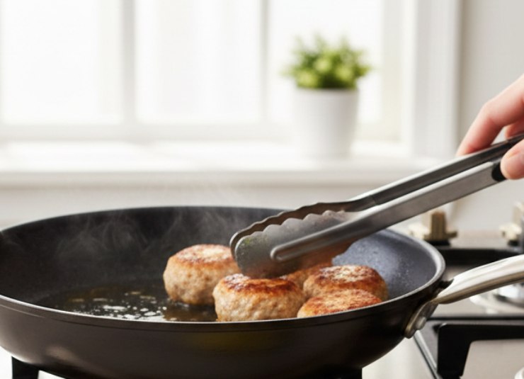 Scaldate un filo d’olio in una padella ampia, adagiate le polpette e cuocetele a fuoco medio, girandole spesso, per 12/15 minuti finché saranno dorate fuori e morbide dentro. Servitele subito con un contorno semplice come un purè di patate o una insalata mista.