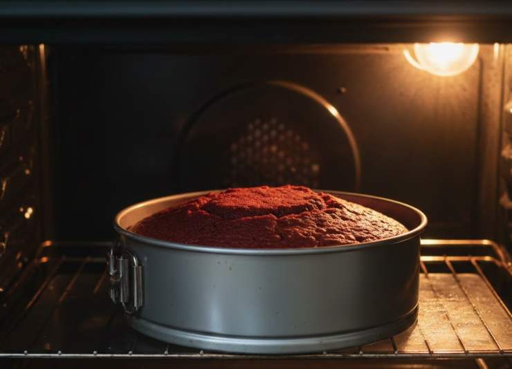 Sciogliamo il colorante rosso nello yogurt e mescoliamo bene fino a ottenere una tonalità accesa, poi aggiungiamo questo composto al resto dell’impasto procedendo in alternanza con farina e cacao. Versiamo il composto in uno stampo per torta imburrato e cuociamo a 170 gradi per circa 40-45 minuti.