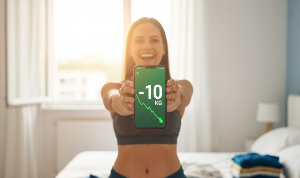 dimagrire-velocemente-perdita-peso-10kg Donna felice mostra lo smartphone con un calo di 10 kg sul grafico del peso