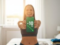 Donna felice mostra lo smartphone con un calo di 10 kg sul grafico del peso